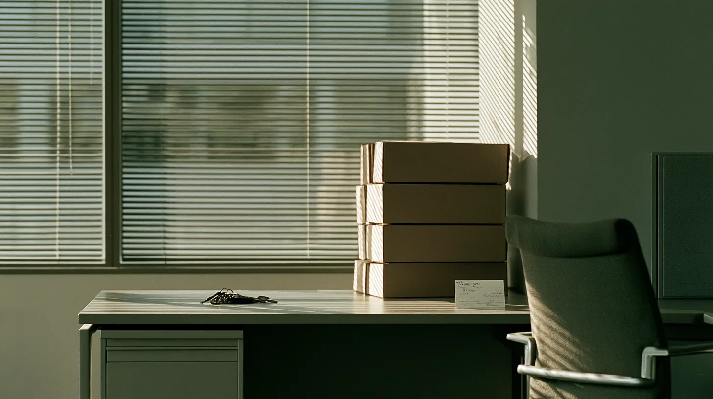 A stack of cardboard moving boxes, a set of office keys, and a handwritten thank-you note on a desk in warm morning light — a client packed up and ready for their own space